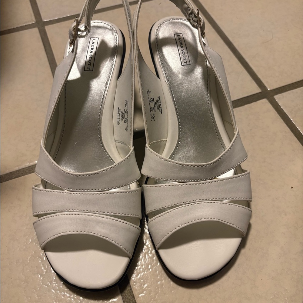 Laura Scott White Open-Toe Slingback Heels